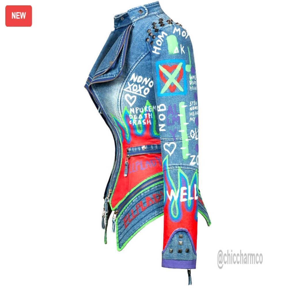 Punk Floral Embroidered Faux Leather Moto Jacket Short Style Hand-Painted